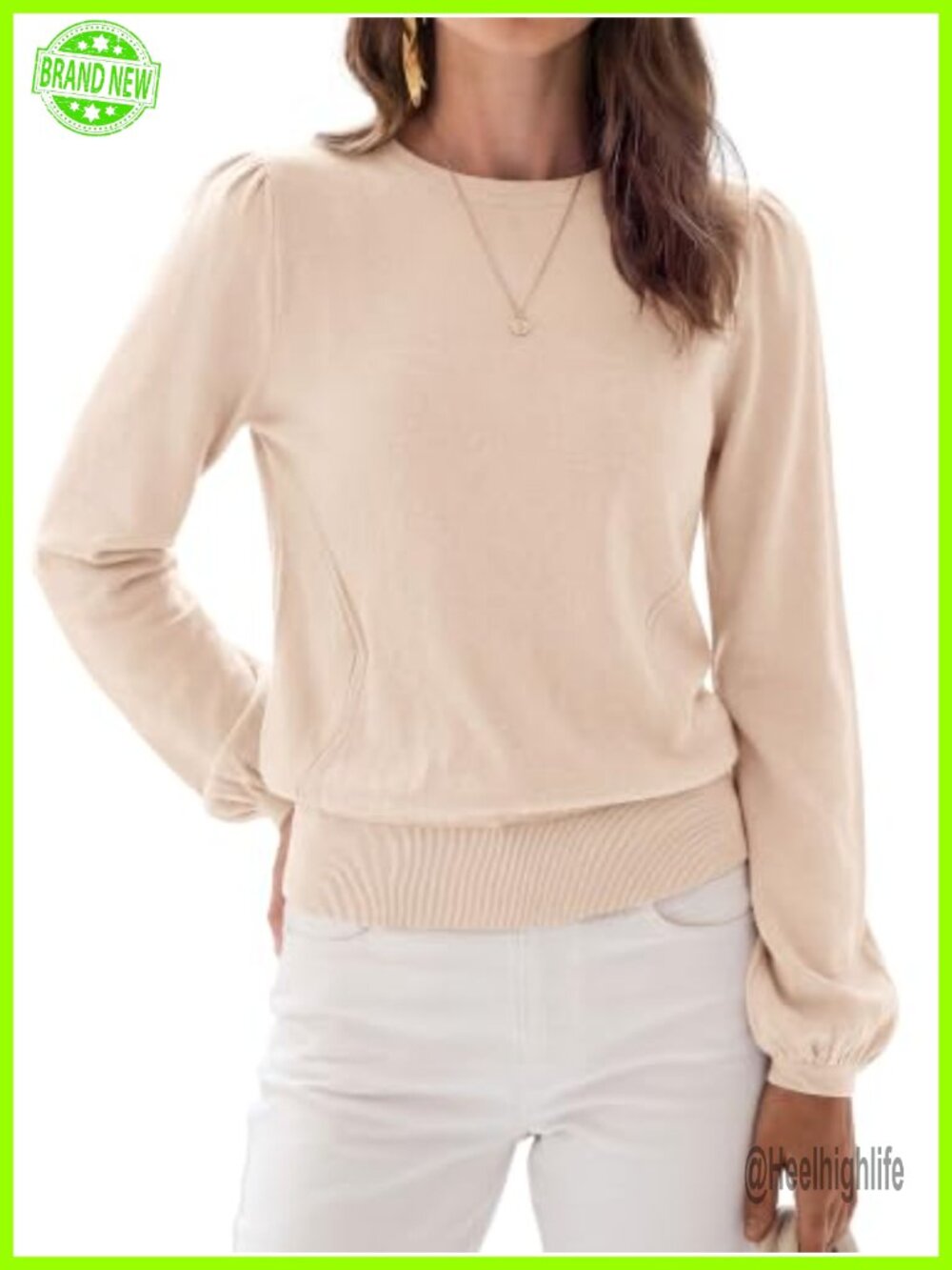 Women's Puff Sleeve Knit Sweater Crewneck Ribbed Pullover Fall Winter